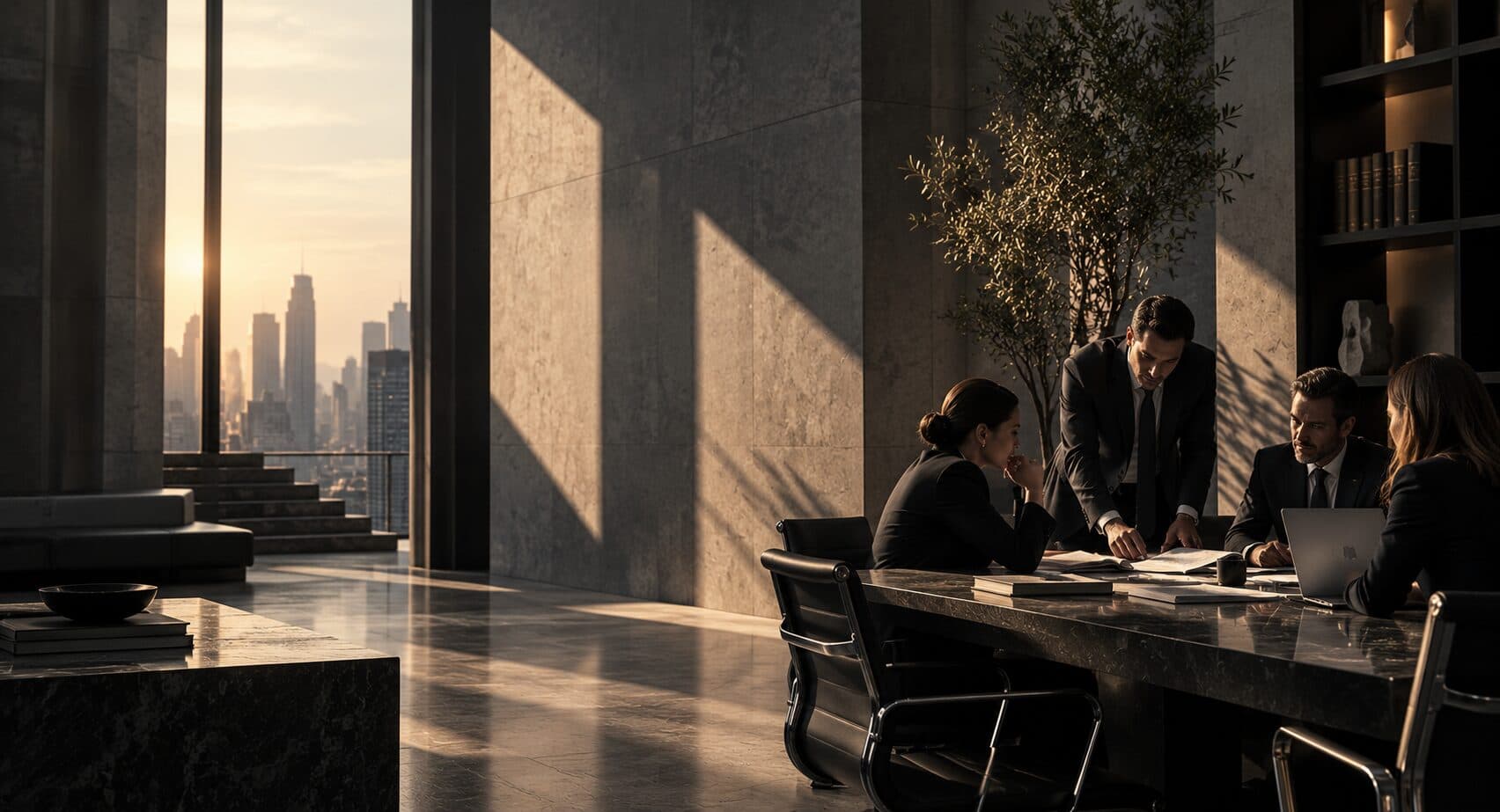 Four lawyers working around a conference table at sunset, a city skyline through the window behind them