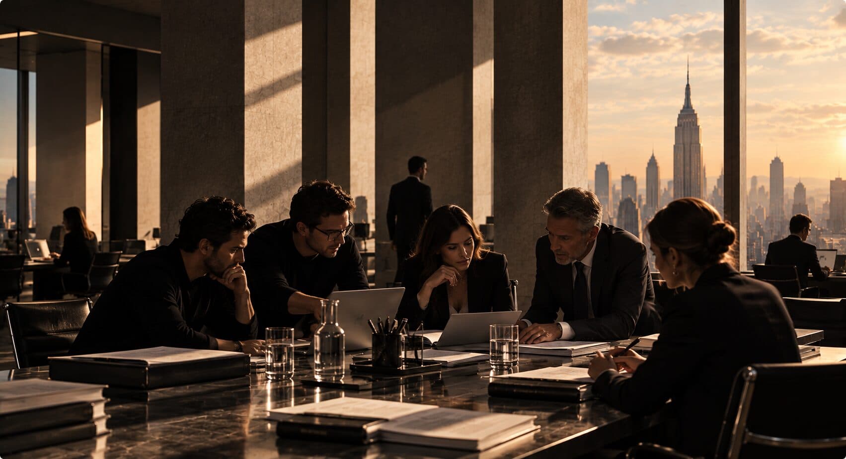 The North team around a meeting table with lawyers, the Manhattan skyline behind them