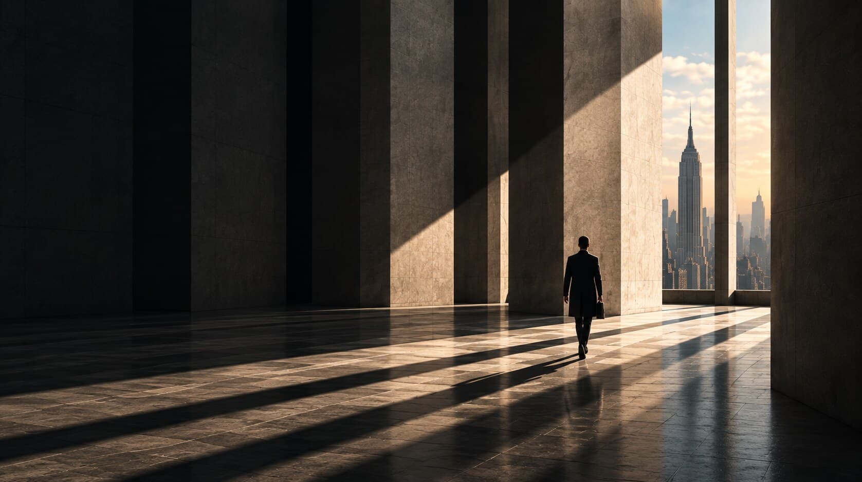 A man in a long coat walks across a sunlit marble hall toward an open bay overlooking the Manhattan skyline