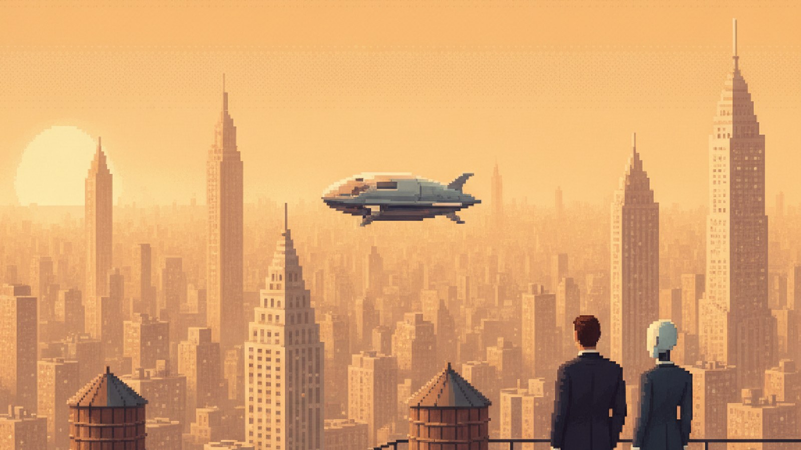 Pixel-art Manhattan skyline at golden hour, a lawyer and an AI assistant on a rooftop