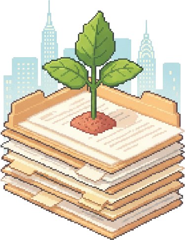 Pixel art: a sprout growing from a stack of legal folders